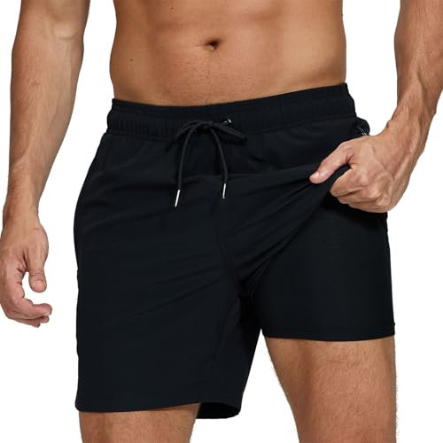 outfit spring Bañador Hombre Pantalones Cortos de Natación Secado Rápido, Shorts de Baño con Forro de Malla y Bolsillos Traje de Baño Ajustable para Playa Surf Deporte Vacaciones Negro XXL