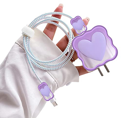 Hübsch Wellenförmiges der Kabelschutz Serie mit 3D-Herzmuster für iPhone Ladegerät, Datenleitung Draht Saver USB Ladekabelschutz Kabel Ladegerät Schutzkabel, Anti-Biss von Hunden und Katzen [Lila]