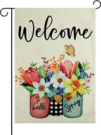 Hallo Frühlings Garten Flagge, 30x45cm Willkommen Flagge Frühlings Yard Flagge Doppelseitig Saisonal Blühende Blume Frühlings Haus Flagge für die Außendekoration
