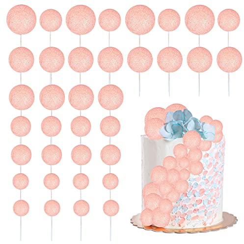 30Pcs Glitter Balls Cake Topper Foam Ball Cake Picks Mini Balloon DIY Cake Insert Topper Decoration for Baby Shower Wedding Anniversary Kids Birthday Graduation Party Cake Decorations Light Pink