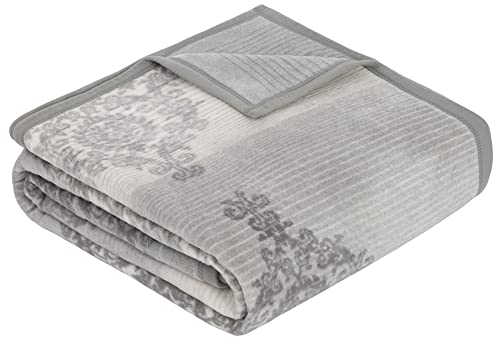 Ibena Mogila Decke 150x200 cm, Baumwollmix weich, warm & waschbar, Kuscheldecke Ornamente grau weiß