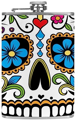 Petaca con Embudo Petacas Personalizadas,calavera de flores en negro,Botella pequeña portátil de acero inoxidable para licor
