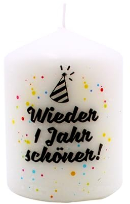 Stumpenkerze, Geburtstagskerze in weiß mit Schriftzug - Wieder 1 Jahr schöner -, in schwarz, Größe: H/Ø ca. 8 x 6 cm