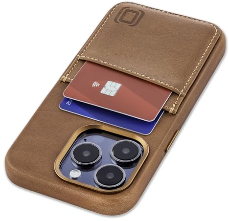 Dockem Genuine Leather Card Case for iPhone 15 Pro with Built-in Metal Plate for Magnetic Mounting, Stitched-on Wallet with 2 Credit Card Pockets (Light Brown, M2GL)
