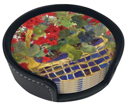 Geranie Korb Druck Getränk Untersetzer Set Von 6 Rutschfeste Tasse Matte Runde Tassen Untersetzer Leder Untersetzer Für Couchtisch Wohnkultur