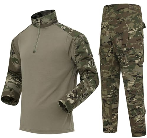 Oanviso Herren Tarnanzug Airsoft Paintball Tactical Militär Kleidung Kriegsspiel Kampf Taktisch Uniform und Kniepolster Jagdbekleidung Herren Schießen Softair Set A Grau S