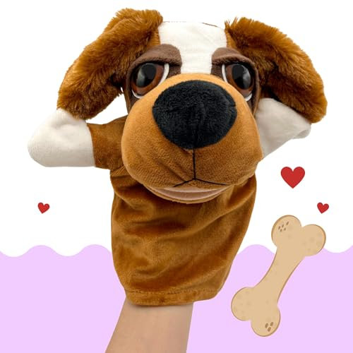 PLAYZOCO Handpuppe aus Plüsch, Hundepuppe, Fingerpuppe, Tierpuppe, pädagogisches Spielzeug, Material Baumwolle und PP, Größe 25 cm, Design Hund