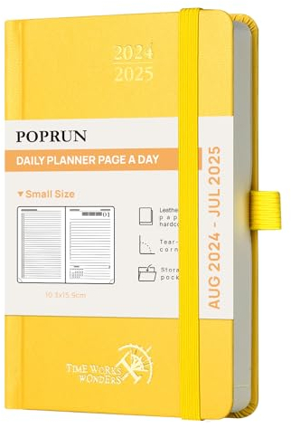 POPRUN Kalender 2024 2025 Tagesplaner 16 x 10,5 cm, Tageskalender A6 1 Tag 1 Seite (Montag - Sonntag), Terminplaner (Aug.2024-Jul.2025) mit Hardcover, Stiftschlaufe - Hellgelb