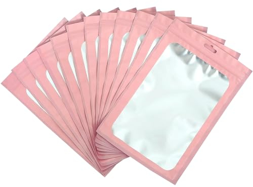 YaYaFunFun 100Pcs Pink Mylar Ziplock Bags, 10x15cm, Reusable, Layered Materials, Polyethylene, Aluminum Foil, Mylar, Self Seal, Smell Proof, Resealable, Food Storage Bags