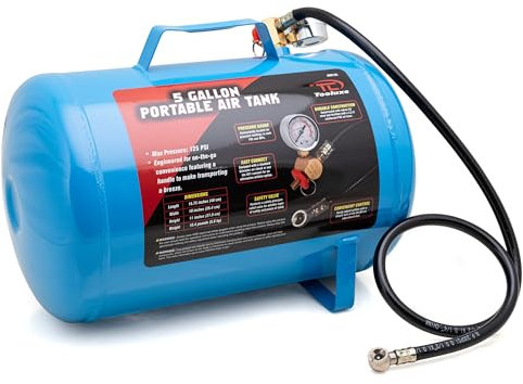 TOOLUXE 30010L 5 Gallonen Lufttank, tragbarer Lufttank, 125 PSI Maximaldruck, horizontaler Luftkompressortank, 1/4 Zoll NPT 40 Zoll Industrieschlauch & Spannfutter, 140 PSI Sicherheitsventil