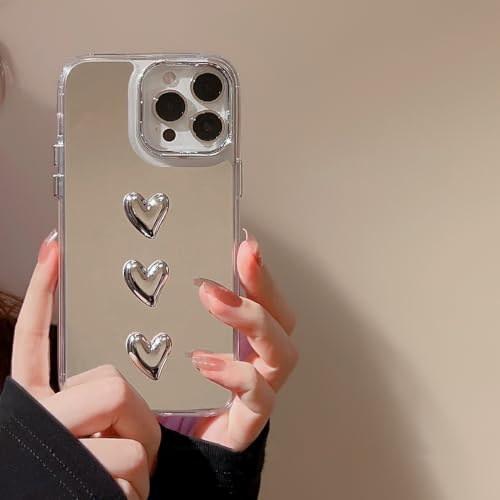 ZTOFERA Hülle für iPhone 15 Pro, Nette Silber 3D Liebe Herz Transparent Makeup Spiegel Hülle, Flexible stoßfeste Anti-Kratz Schutzhülle für iPhone 15 Pro 6,1- 3 Herzen