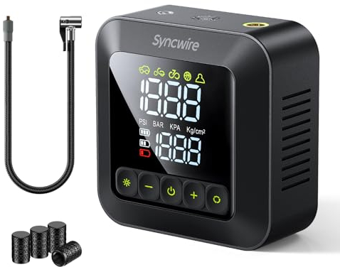 Syncwire Compresor Aire Portatil 10.35Bar Inflador Electrico Compresor Aire Inflación 3X Rápida Bomba Aire para Coche, Motos, Bicicletas, Pelotas, con Tapas de Válvula de Neumáticos, LCD Grande