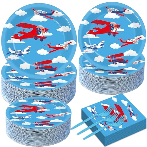 Qyeahkj 50 Guests Airplane Party Plates and Napkins Tableware Set Plane Birthday Party Supplies Blue Helicopter Dinnerware Favors Decorations for Baby Shower Boys Kids