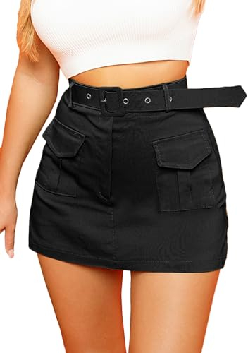 TZLDN Mini Hosenrock Damen Kurze Sommer Festival Cargo Rock mit Taschen Hose Sexy Y2k A-Linie Minirock Jeansrock Skirt Femboy Wickelrock Skort #1 Schwarz L