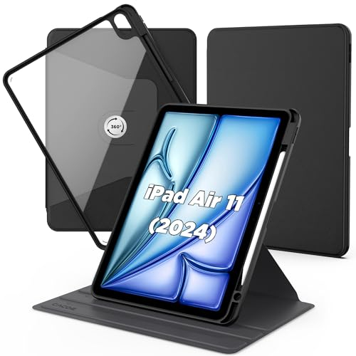 CACOE Cover Custodia Compatibile con iPad Air 11 M2 2024, Cover iPad Air 6/5/4 Generazione 10,9 Pollici con Portapenne Protezione con Rotazione a 360 Gradi Supporto Cover Chiaro Retro,Nero