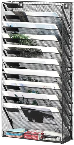 Solinxe Organizer Documenti da Parete 10 Livelli, Metallo Portariviste A4 Multifunzione per Scrivania, Contenitore Portabrochure con Design Compatto per Casa e Scuola, Nero