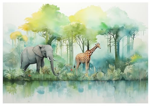 WallArena - Vlies Fototapete Kinderzimmer 250x175 cm Dschungel Tiere - Fototapeten Tapeten für Kinder Mädchen & Jungen - Kindertapete - Kinderzimmertapete Natur Tiere Aquarell