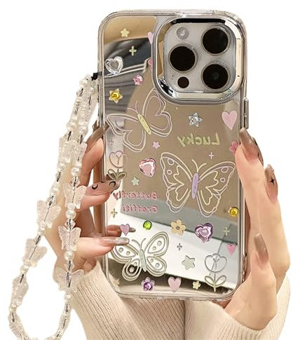 Emlivi Glitzer Handyhülle für iPhone Xr, Schmetterling Hülle mit Perlen Armband Spiegel TPU Stoßfest Schutzhülle für Frauen Mädchen Kristallklare Strasskette Case Cover für iPhone Xr, Schmetterling