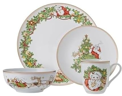 Fitz and Floyd St. Nicholas Gold Banded Holiday 16 Piece Dinnerware Set, Service for 4