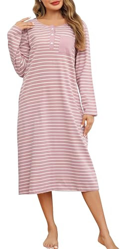 Lovasy Chemise de Nuit Femme Coton Chemise de Nuit Manches Longues à Rayure Robe De Nuit Boutonnée Devant Tee Shirt de Nuit Femme Grande Taille avec Poches Latérales C Rose XL
