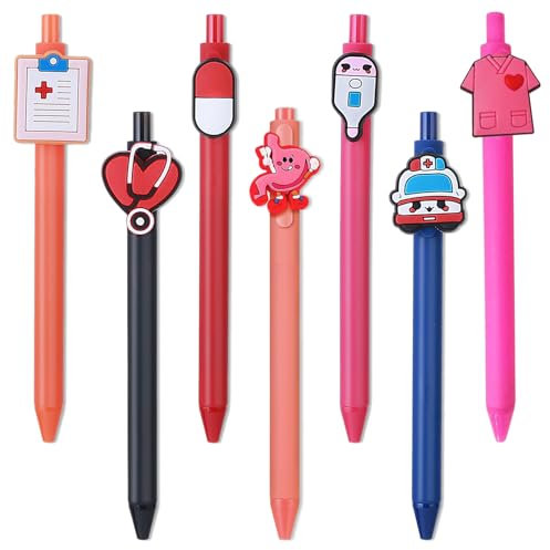 lomdung 7 Stück Niedliche Krankenschwester Stifte, 0.5 MM Feine Spitze, Schwarze Tinte, Lustiger Cartoon Stift, Einziehbare Kugelschreiber, für Studenten, Kinder, Krankenschwestern, Geschenk