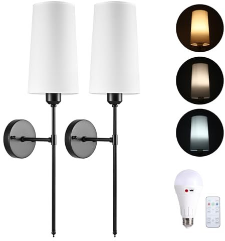 Battery Operated Wall Sconces Set of 2, Rechargeable Wall Lights with 3 Color Temperature Dimmable and 4 Brightness, No Wire Wall Lamp with Remote and led Light Bulb for Bedroom Living Room (BLACK)