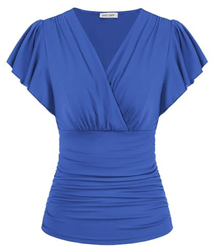 GRACE KARIN Damen Kurzarm Bluse Elegant Slim Fit Plissee-Tops Einfarbige Tunika Bluse Leicht Top für Kleider Pfauenblau M