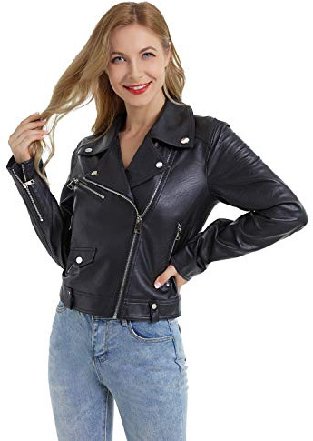 DIASHINY Faux Leather Jacket Women Cropped Leather Jacket PU Moto Biker Motorcycle Short Coat Black S