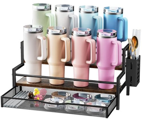 Kssiaz Organisateur de Bouteilles d'Eau pour Stanley, Porte-Gobelet pour Stanley à 2 Étages pour 8 Coupes, Organisateur de Tasses avec Tiroir, Présentoir à Tasses pour Rangements de Cuisine, Marron