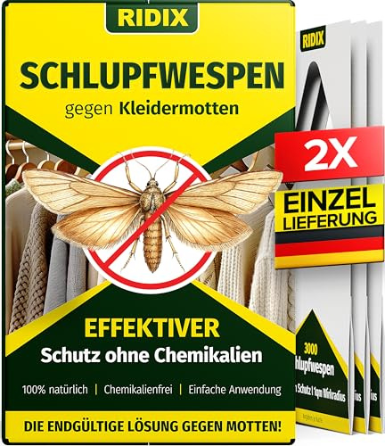 Ridix® Schlupfwespen gegen Kleidermotten [1 Lieferung mit 2 Karten] - Schlupfwespen gegen Motten als biologische Lösung frei von Chemie - Schlupfwespen Kleidermotten