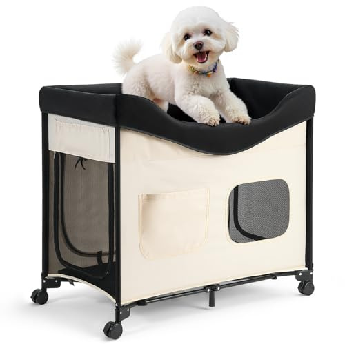 VEVOR Elevated Lounge Pet Bed, Foldable Bunk Dog Bed with 600D Oxford Cloth and Dutch Velvet, Portable Raised Cot with Wheels, Side Storage Bags, and Carry Bag for Cats & Dogs, L, Beige