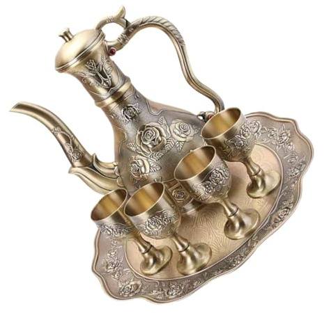 Cabilock Utensilios de Vino Vintage Rosas Bronce Antiguo Incluye Jarra Tazas y Bandeja para Hogar Fiestas y Bodas