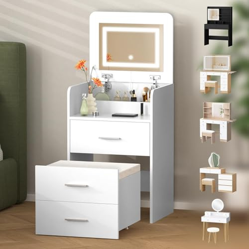 ALFORDSON 3-in-1 Schminktisch mit Hocker, Makeup Vanity Klappspiegel, klappbare Platte, Schubladen-Schminktisch LED-Beleuchtung, kleines Dressing Table, Kosmetiktisch fürs Schlafzimmer, Weiß