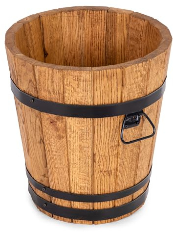 DREWDON Eichentopf Holz Rund 32xH35 cm - Hoher kleiner Gartentopf aus Eichenholz in Fassform - 17,5L, Braun, Für Garten, Terrasse und Balkon