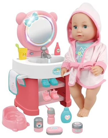 Talking Drinking and Pee Doll with Mirror Light Sound Sink with Working Water Bathroom Accessories Potty Toilet Music 10 Sounds Toilet Doll 35 cm with Deluxe Mirror