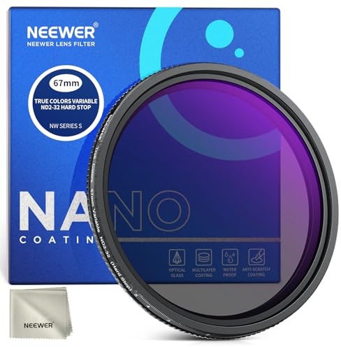 NEEWER Filtro ND Variabile True Colors Hard Stop da 67mm, Filtro a Densità Neutra Limitata ND2-32 (1-5 Stop), Vetro Ottico HD Multistrato/Nessuna Croce X/Telaio in Alluminio/Anti Acqua/Graffi/Impronte