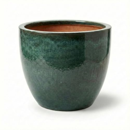 teramico Pot de Fleurs de qualité supérieure en céramique émaillée, 100% résistant au Gel et Fait à la Main, bac à Fleurs avec Trou (Vert Mousse, 38cm x 31cm)
