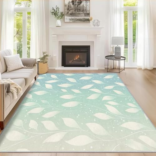 Generisch Teppich Wohnzimmer Blatter Weiß, Teppich Botanisch Mint Grün Farbverlauf für Schlafzimmer Deko, rutschfest Waschbar Weich Kurzflor Teppiche Gegend 120 x 180 cm QAZ51