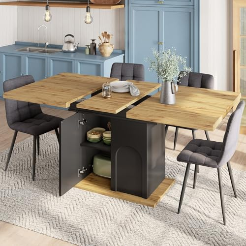 LORISMAI Esstisch Teleskoptisch(110-140×80cm), klappbarer Küchentisch für 4-6 Personen, Ausziehbarer,für Küche und Wohnzimmer,Tisch mit Aufbewahrungsschrank