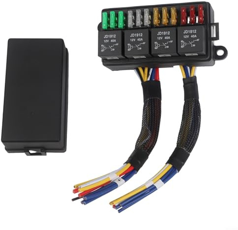 12 V vorverdrahtetes Relais und Sicherungskasten mit 4 Relais, 12-Wege-ATC/ATO-Blatt für Auto, LKW, Boot, Sicherungsrelaisblock für Kfz-Elektrosysteme, inklusive 12 Sicherungen (3 x 10 A, 3 x 20 A, 3