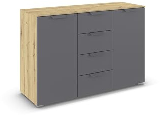 Rauch Möbel ADITIO, Kommode, Grau metallic/Eiche Artisan, Breite 120 cm | Sideboard im modernen Look, 2-türig, 4 Schubladen, Soft-Close, für Schlafzimmer, Gästezimmer, Wohnzimmer, Flur