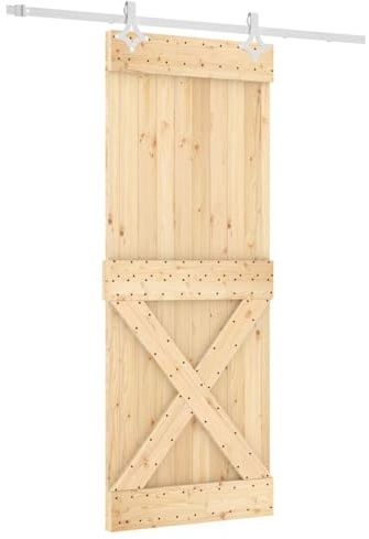 HETFTJN Porta scorrevole in legno bianco e naturale, 80 x 210 cm, moderna porta per camera in pino massiccio con sistema a binari in acciaio, porta interna salvaspazio, set completo per soggiorno e