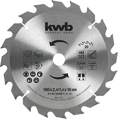kwb Kreissägeblatt 160 x 16 mm, schneller Schnitt, mittlere Güte, Sägeblatt geeignet für Weich- und Hartholz, Tischlerplatten und Spanplatten