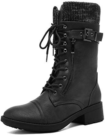 DREAM PAIRS Stivali da donna invernali con lacci, a metà polpaccio, stile militare, Nero, 41 EU