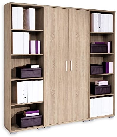OFFICE LINE Aktenregal in Eiche Sonoma Optik - Breites Standregal mit 2 Türen und 10 offenen Fächern - Modernes Büromöbel Komplettset - 184 x 186 x 35 cm (B/H/T)