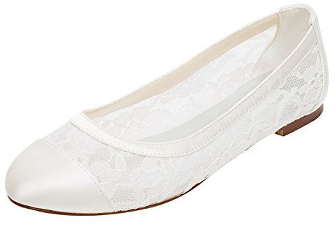 Emily Bridal Spitze Hochzeit Schuhe Flache Pumpen Runde Slip-on Brautschuhe, 41 EU, Elfenbein