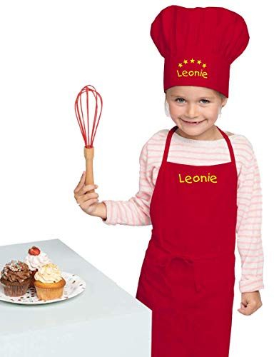 freitex Kinderschürze + Kochmütze mit und ohne Druck des Names (Rot, Latzschürze + Mütze bedruckt)