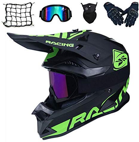 MRDEAR Motocross BMX Helm Matt Schwarz Motorrad Crosshelm Enduro MTB Helm Fullface Fahrrad Helm Cross Helm Motorradhelm Set mit Brille Handschuhe Maske Motorrad Netz - Großer Visieröffnung,A,XL