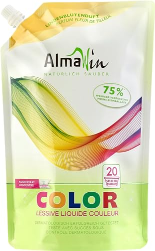 AlmaWin® Color Waschmittel flüssig 1,5L - 20 Ladungen mit Lindenblüten-Duft für strahlende Reinheit - Bio Waschmittel Color für 30-60° - Flüssigwaschmittel Vegan im Öko-Pack Nachfüllbeutel