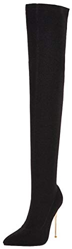 LUXMAX Stivali Elasticizzati Donna sopra Il Ginocchio Tacco Alto Spillo Scarpe a Punta Tacchi Alti 10 CM (Nero) - 46 EU